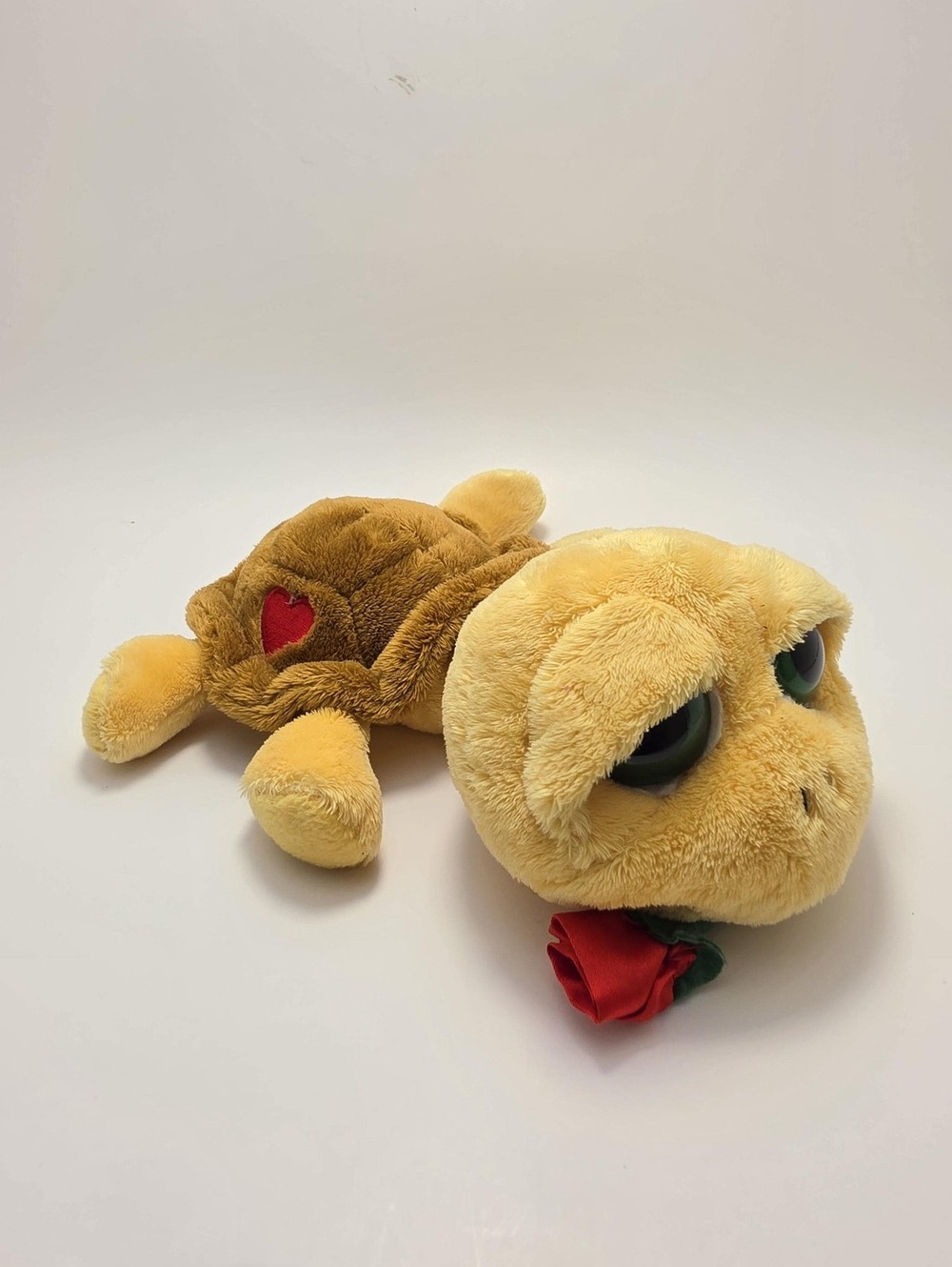 Russ "Shelly" the Beige Turtle Red Rose Heart Stuffed Toy with Green Eyes